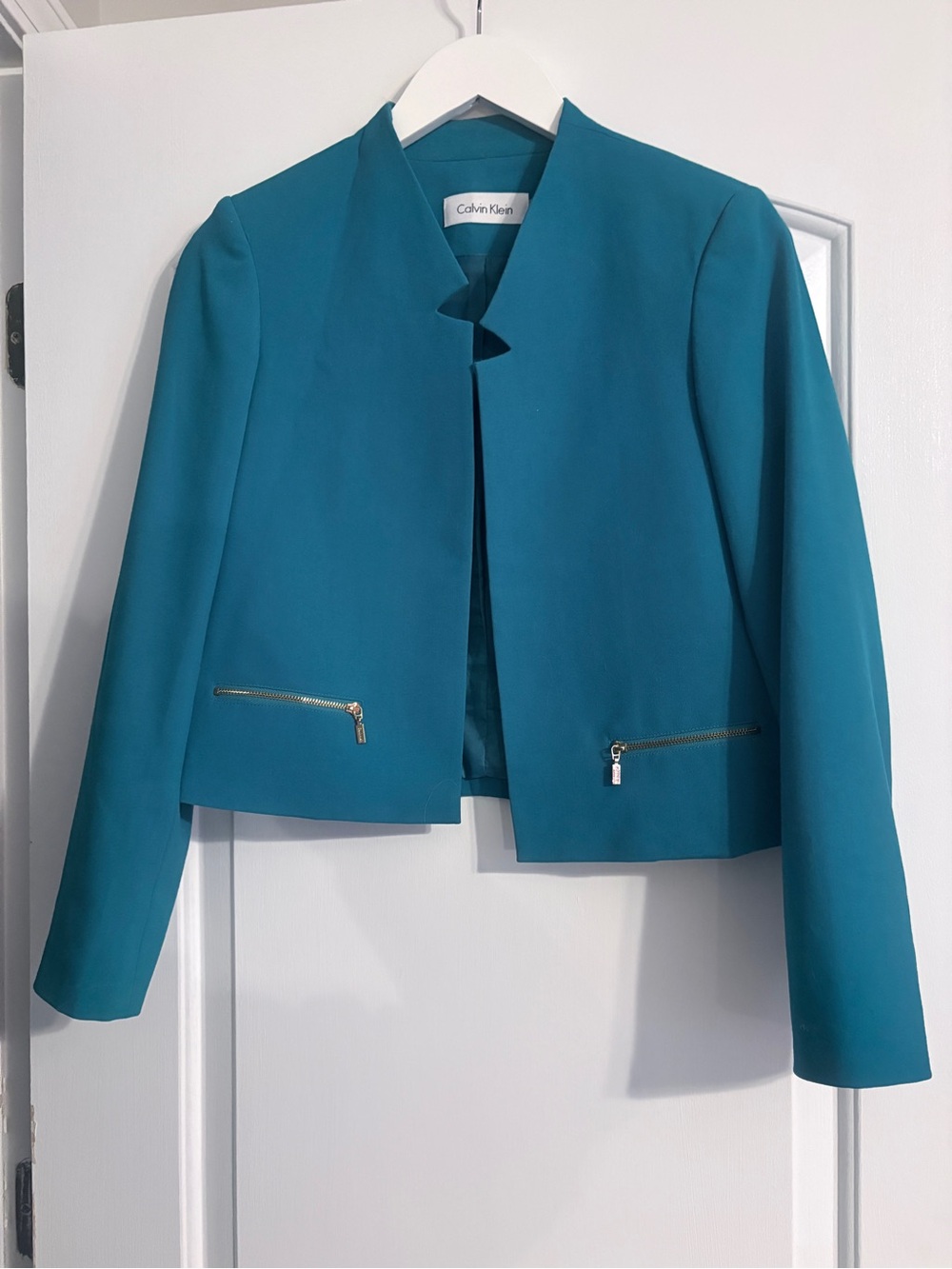 Calvin Klein Teal Collarless Zip-Pocket Blazer